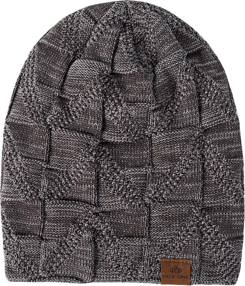 PAGE ONE Mens Winter Slouchy Beanie Warm Fleece Lined Skull Cap Baggy Cable Knit Hat - Image 3